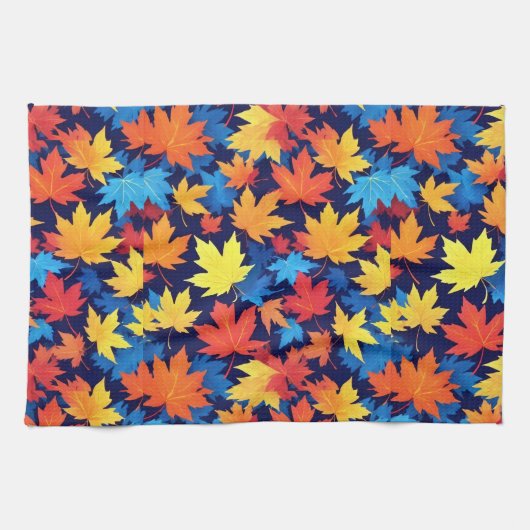 濃いカラフル青の背景の紅葉 キッチンタオル (横)