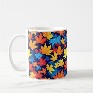 濃いカラフル青の背景の紅葉 コーヒーマグカップ