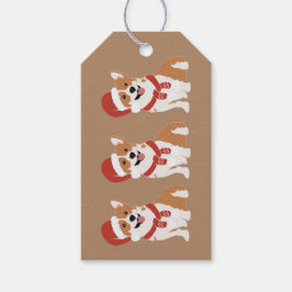 濃いキャラメルブラウンのサンタ帽子をかぶったクリスマスコーギー ギフトタグ