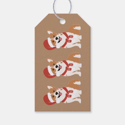 濃いキャラメルブラウンのサンタ帽子をかぶったクリスマスコーギー ギフトタグ (正面)