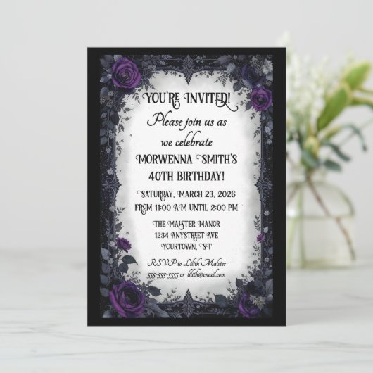 濃いゴシックと紫のバラ誕生会 招待状 (スタンド正面)