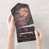 濃いゴシックの満月&ブラッドレッドローズディナーなし オールインワン招待状 (貼ってはがせる)