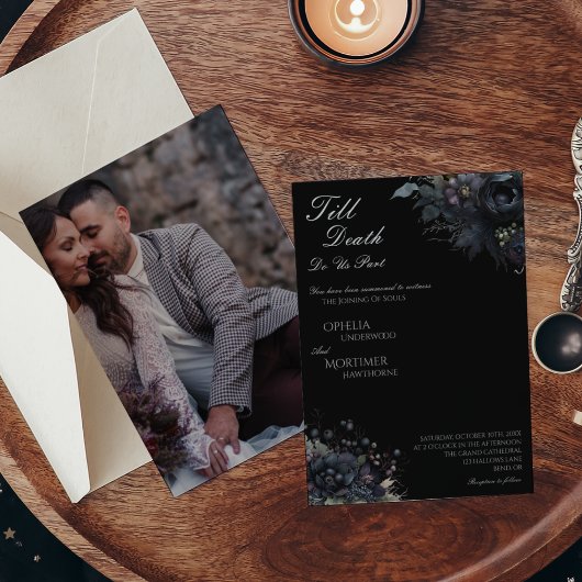 濃いゴシックフローラブラックの死結婚の写真 招待状
