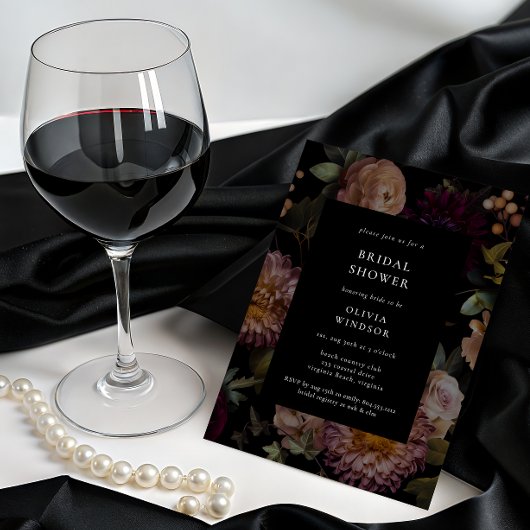 濃いゴシック様式のブラックフローラブライダルシャワー 招待状