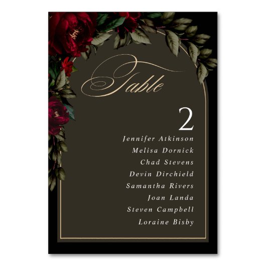 濃いゴシック色の赤い緑のフローラムーディ結婚ーズ テーブルナンバー (正面)