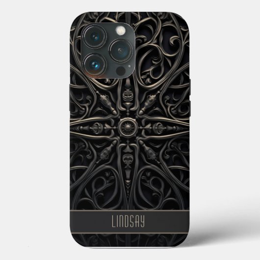 濃いゴシック色の黒とブロンズ色の縁飾り Case-Mate iPhoneケース (裏面)