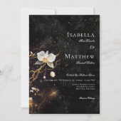 濃いゴシック色の黒と白のオーキッドスペル両面 招待状 (正面)