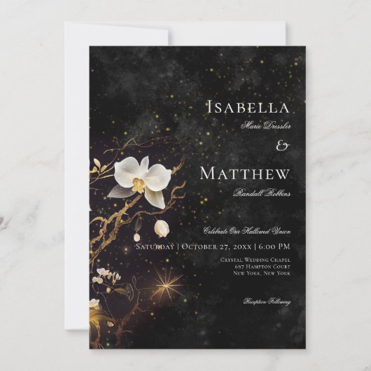 濃いゴシック色の黒と白のオーキッドスペル両面 招待状 (正面)