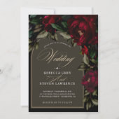 濃いシックなゴシック色の赤い緑のフローラムーディ結婚ーズ 招待状 (正面)