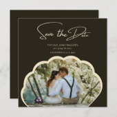 濃いスタイリッシュ緑の写真日付の保存 招待状 (正面/裏面)