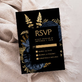 濃いダークフラワリー ネイビーブルー ゴールド 結婚式 RSVP エンクロージャーカード