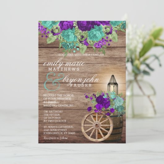 濃いティール(緑がかった色)と濃い紫のフローラでバーンウッド 招待状 (スタンド正面)