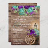 濃いティール（緑がかった色）と濃い紫のフローラでバーンウッド 招待状 (正面/裏面)