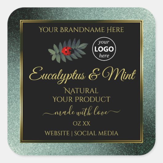濃いティール（緑がかった色）グリッターブラック製品ラベルレディバグロゴ スクエアシール (正面)