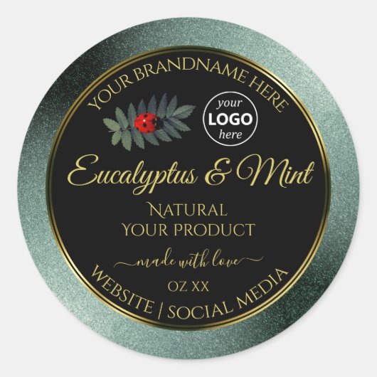 濃いティール（緑がかった色）グリッターブラック製品ラベルレディバグロゴ ラウンドシール (正面)