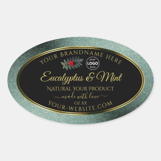 濃いティール（緑がかった色）グリッターブラック製品ラベルレディバグロゴ 楕円形シール (正面)