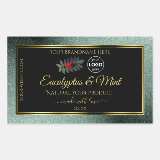 濃いティール（緑がかった色）グリッターブラック製品ラベルレディバグロゴ 長方形シール (正面)