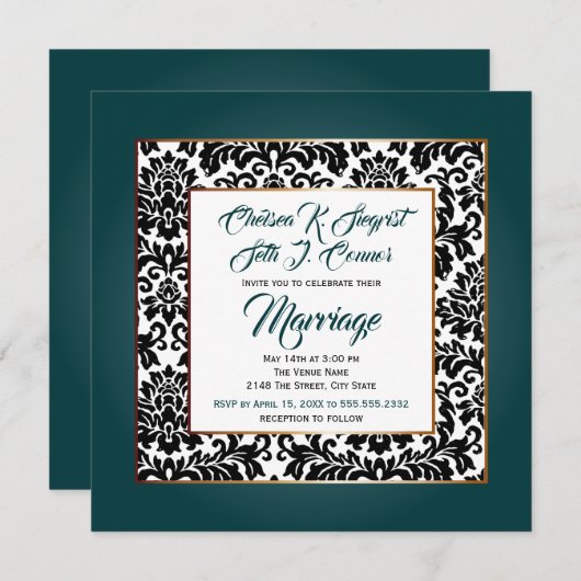 濃いティール(緑がかった色)グリーン、白と黒 招待状 (正面/裏面)