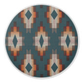 濃いティール(緑がかった色)ブルーピーチオレンジブラウンエスニック族アート セラミックノブ (正面)