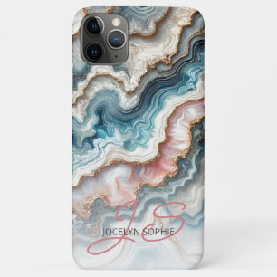 濃いティール(緑がかった色)ブルー赤面ピンク金ゴールド大理石アートパターン iPhone 11 PRO MAXケース