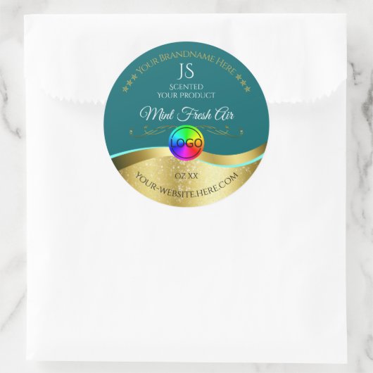 濃いティール(緑がかった色)波形金ゴールドロゴモノグラム製品ラベル ラウンドシール (バッグ)