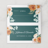 濃いティール（緑がかった色）焦げたオレンジ色のフローラ秋結婚の プレイスカード (外部開封)