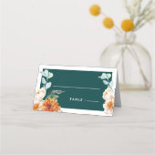 濃いティール（緑がかった色）焦げたオレンジ色のフローラ秋結婚の プレイスカード (裏面)