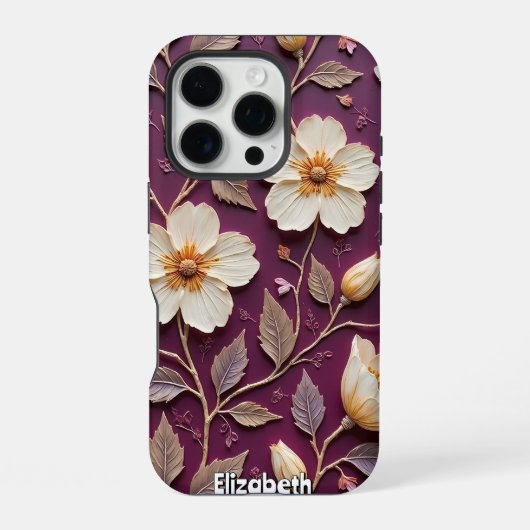 濃いテクスチャ上のクリーム色の白い花 iPhoneケース (裏面)