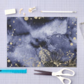 濃いネイビーブルーの水色と金ゴールド花2 薄葉紙 (クラフト)