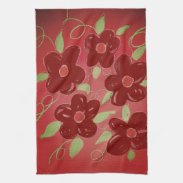 濃いバーンドレッドフローラ キッチンタオル