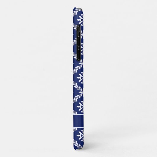 濃いパーソナライズされた青と白の幾何学的フローラ Case-Mate iPhoneケース (裏面/左)