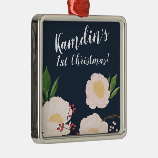 濃いパーソナライズされた青に白いフローラの花 メタルオーナメント (右)