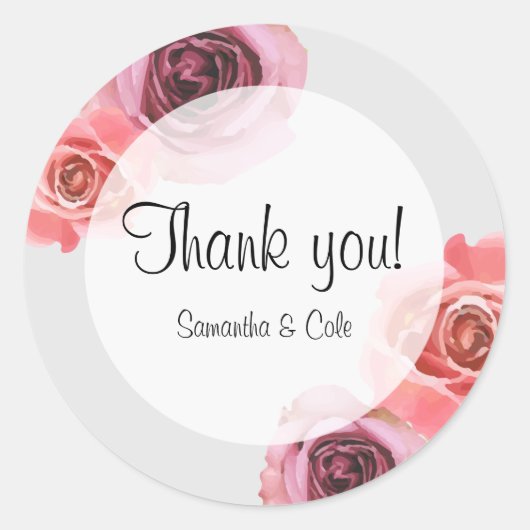 濃いピンクとパープルの春のバラ ラウンドシール (正面)