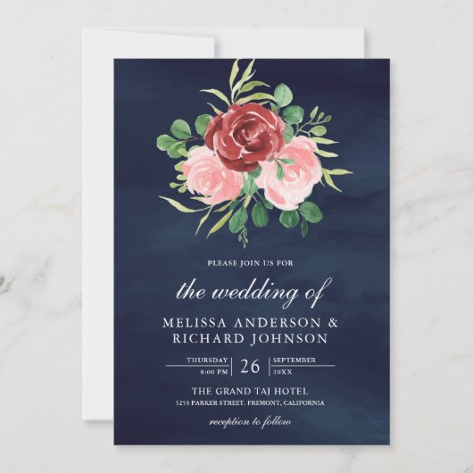 濃いピンクとワインレッドの花をすべて取り入れたネイビーのウェディングスタイル 招待状 (正面)