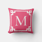 濃いピンクと白のギリシャモノグラムの鍵縁ど クッション (正面)