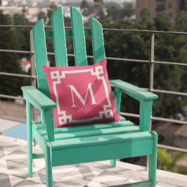 濃いピンクと白のギリシャモノグラムの鍵縁ど クッション