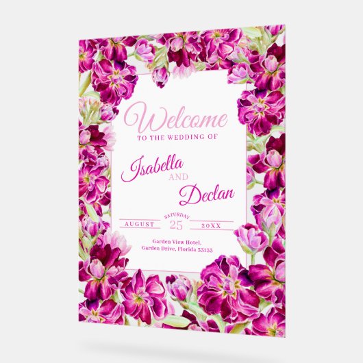 濃いピンクのストックフローラ結婚の水の色の歓迎 アクリルサイン (傾斜)