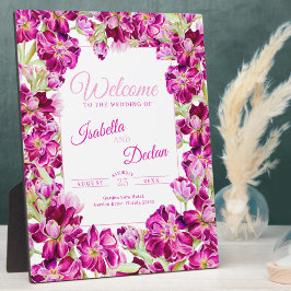 濃いピンクのストックフローラ結婚の水の色の歓迎 フォトプラーク