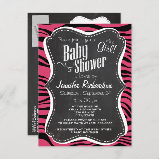 濃いピンクのゼブラストライプ;黒板の外観 インビテーションポストカード (正面/裏面)