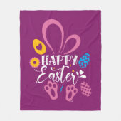 濃いピンクのハッピーイースターかわいいバニーとイースターエッグ フリースブランケット (正面)