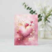 濃いピンクのハートとグリッターバレンタインデー ポストカード (スタンド正面)