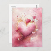 濃いピンクのハートとグリッターバレンタインデー ポストカード (正面/裏面)