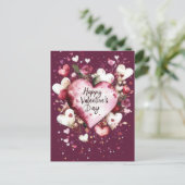 濃いピンクのハートとバラバレンタインデー ポストカード (スタンド正面)