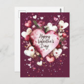 濃いピンクのハートとバラバレンタインデー ポストカード (正面/裏面)