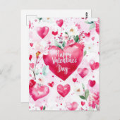 濃いピンクのハートと花バレンタインデー ポストカード (正面/裏面)
