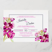 濃いピンクの原水結婚色の金ゴールド枠 箔招待状 (正面)