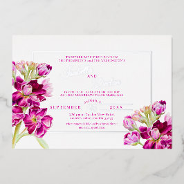 濃いピンクの原水結婚色の金ゴールド枠 箔招待状