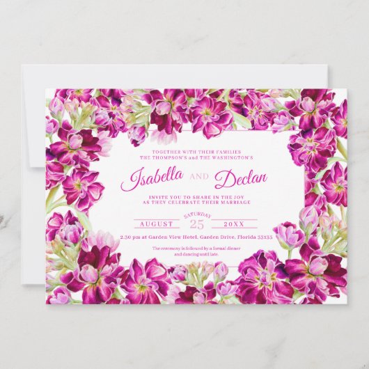 濃いピンクの素材フローラフレームの水彩風景 招待状 (正面)