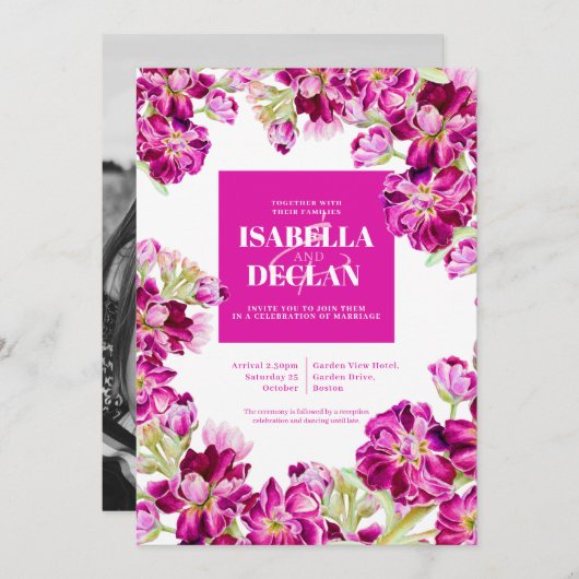 濃いピンクの素材フローラフレームの結婚水色 招待状 (正面/裏面)