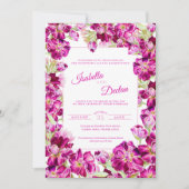 濃いピンクの素材フローラフレームの結婚水色 招待状 (正面)